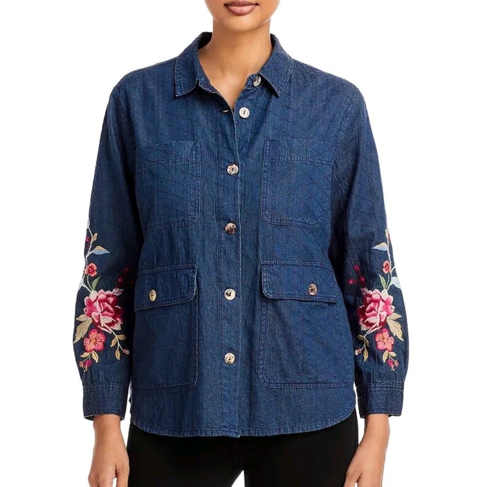 Johnny Was Workshop Sonya Lightweight Floral Embroidered Denim Jacket Blue Small